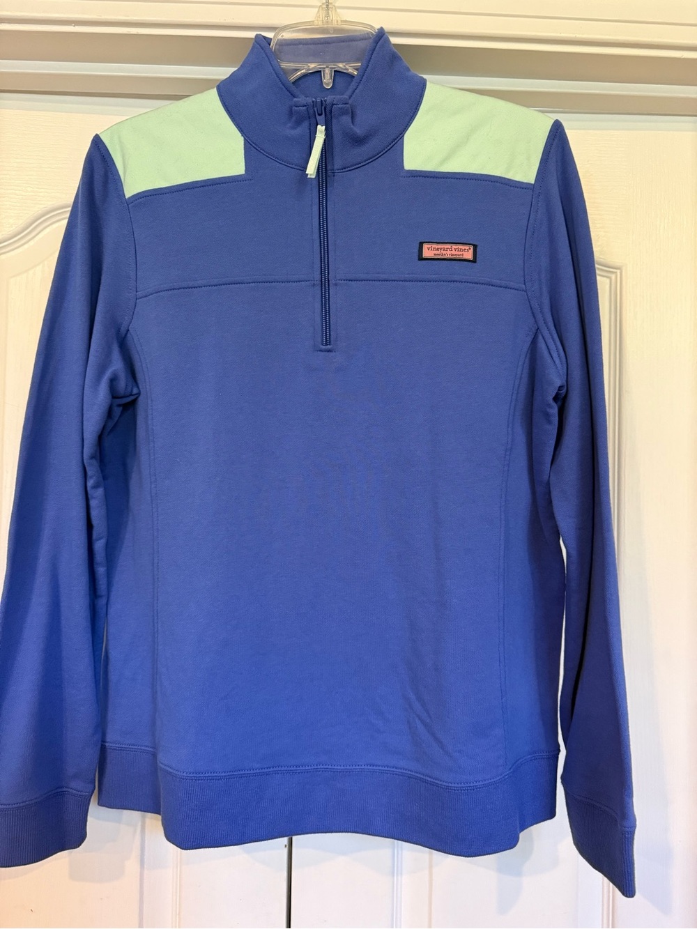 Vineyard Vines Royal Blue Quarter‑Zip Pullover with Mint Shoulder Panels